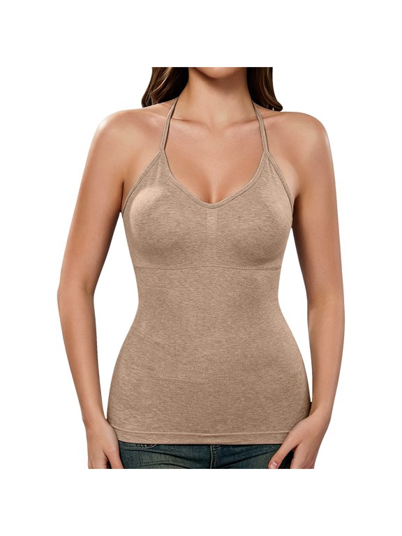 Womens Halter Workout V‑Neck Tank Top, Sleeveless Slim Fit Built-in Bra Stretchy Camisole, Basic Layering Sleeveless Shirt for Daily Gym Yoga Pilates Shopping Travel Casual Outfits