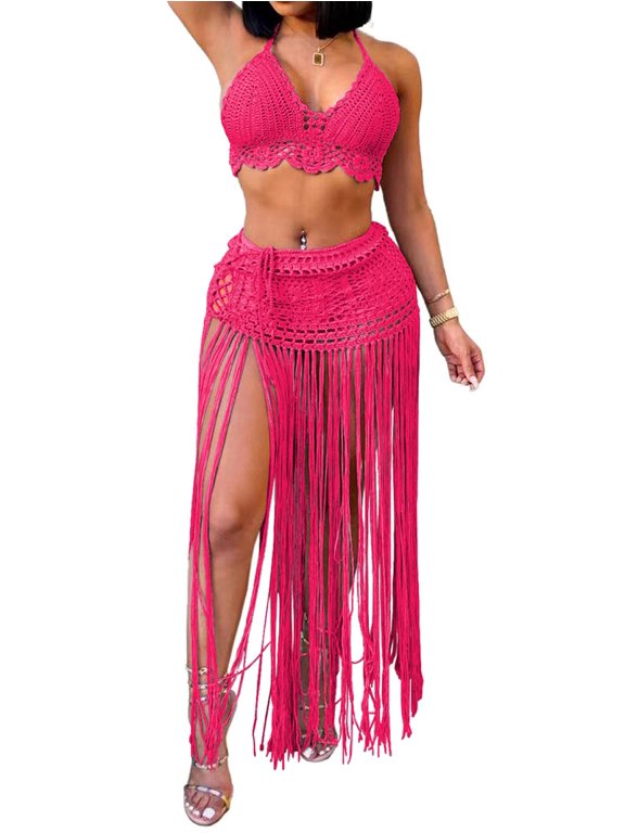 Womens Hand Crochet Bikini Top with Long Fringe Skirt 2 Piece Set Bohemian Beach Vacation Rose size