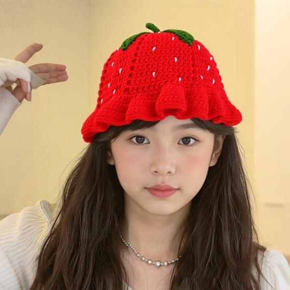 Womens Hand Crocheted Knitted Hat Warm Fisherman Hat For Women Cute Ruffled Strawberry Designed Wool Hat Bucket Hat