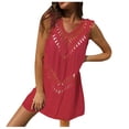 thumbnail image 1 of Womens Hand-Hooked V-Neck A-Line Boho Beach Cover Up Dress Hollow-Out Trim, Loose Fit, Solid Color Mini Swimsuit Cover for Summer Travel, 1 of 7