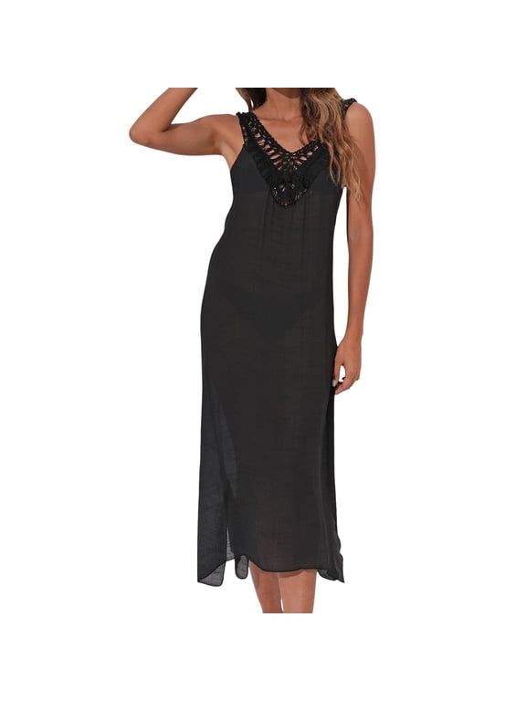 Womens Hand Macrame Neck Sleeveless Midi Dress Textured Crinkle Woven Side Slit Beach Cover Up