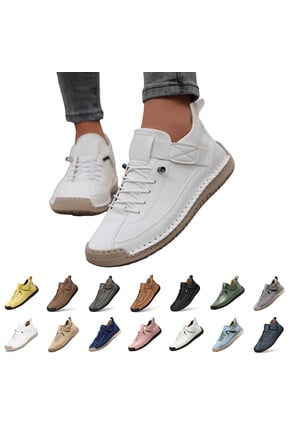 Womens Hand Stitching Leather Slip-On Ankle Boots with Adjustable Elastic Band Casual Lightweight Non-Slip Walking Loafers Retro High Top Flat Boat Shoes