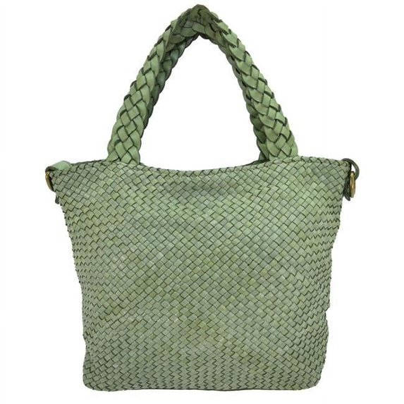 Womens Handcrafted Vintage Tote Handbags in Genuine Washed Calfskin Leather, Mint Green - Small