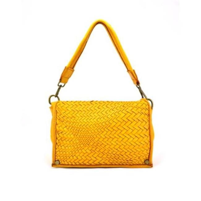 Fusiones Womens Handcrafted Vintage Washed Calfskin Leather Shoulder Handbag Mustardyellow Small