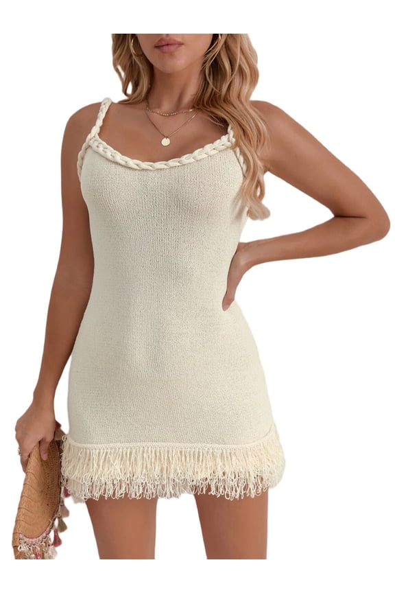 Womens Handmade Braided Rope Shoulder Strap Bodycon Fringe Hem Dress for Women Elegant Boho Style M