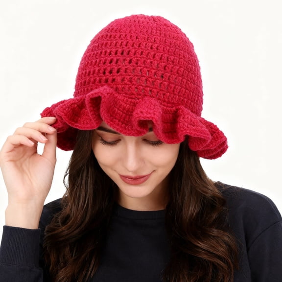 Womens Handmade Crochet Ruffled Wool Hat Fashiona Colorful Wide Brim Hat Unisex Hat