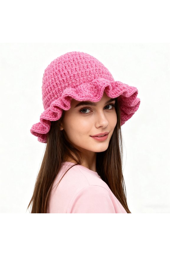 Womens Handmade Crochet Ruffled Wool Hat Fashiona Colorful Wide Brim Hat Unisex Hat