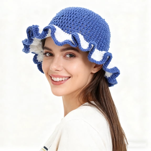 Womens Handmade Crochet Ruffled Wool Hat Fashiona Colorful Wide Brim Hat Unisex Hat
