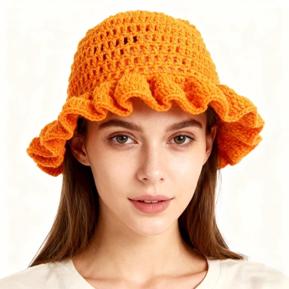 Womens Handmade Crochet Ruffled Wool Hat Fashiona Colorful Wide Brim Hat Unisex Hat