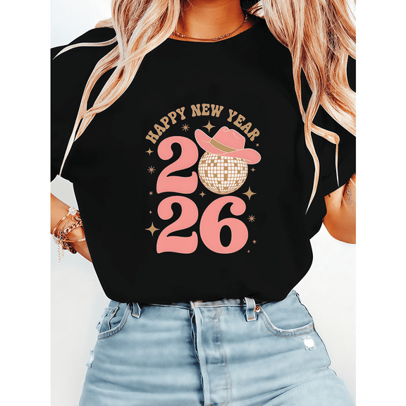 Womens Happy 2026 New Year Print Tshirts Pink Cowboy Hat Disco Ball Design Graphic Tees Short Sleeve Shirts Casual Tops for Party Black,2XL