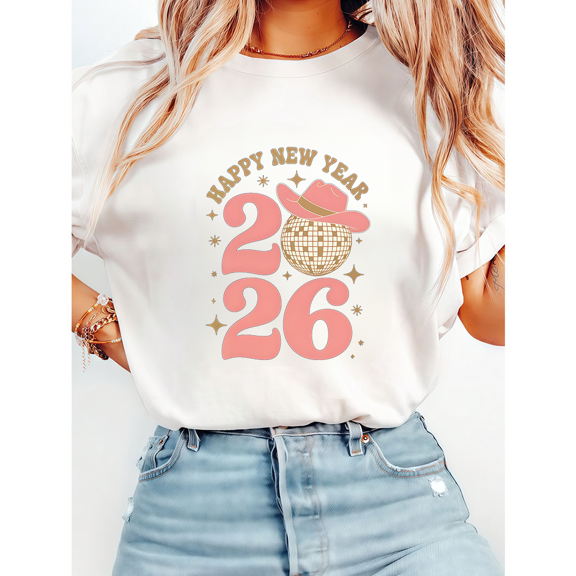 Womens Happy 2026 New Year Print Tshirts Pink Cowboy Hat Disco Ball Design Graphic Tees Short Sleeve Shirts Casual Tops for Party White,5XL