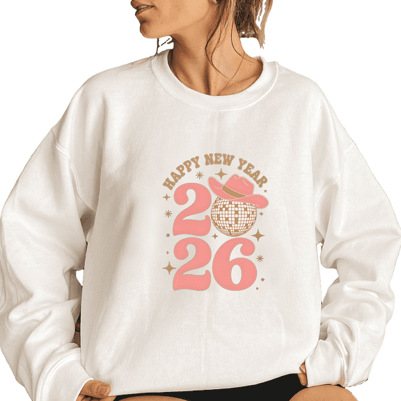 Womens Happy 2026 New Year Tops Pink Cowboy Hat Disco Ball Design Sweatshirts Long Sleeve Shirts Casual Pullover for Party White,XL