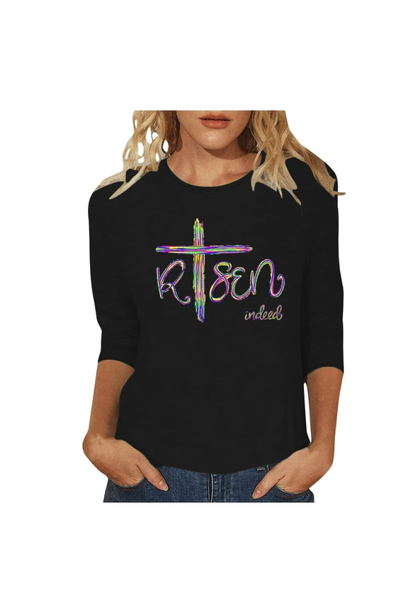 Womens Happy Easter Day Shirts Christian Jesus Cross Graphic Crew Neck 3/4 Sleeve Tops Trendy Casual Family Gifts Loose Tees