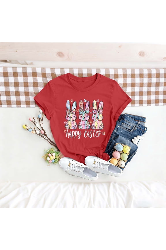 Womens Happy Easter T-Shirt Red, Cute Bunny Graphic Tee Short Sleeve, Easter Shirt for Women Soft Stretchy Rabbit Top,Size L
