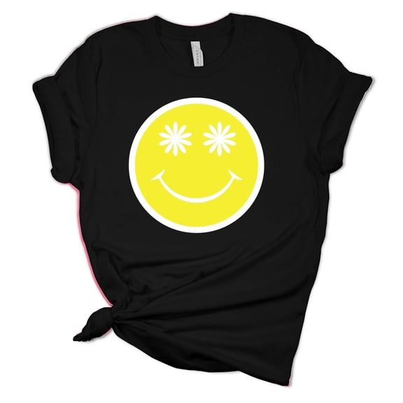 Womens Happy Face Smile with Daisy Eyes Unisex Fit Short Sleeve T-shirt Graphic Tee-Black-4xl