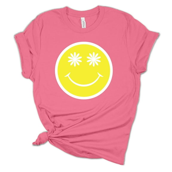 Womens Happy Face Smile with Daisy Eyes Unisex Fit Short Sleeve T-shirt Graphic Tee-Pink-4xl