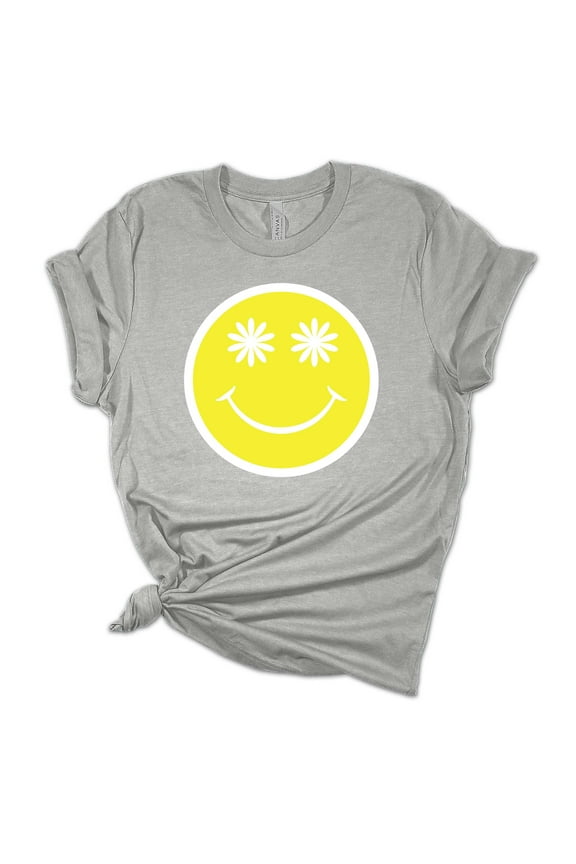 Womens Happy Face Smile with Daisy Eyes Unisex Fit Short Sleeve T-shirt Graphic Tee-Sports Grey-xl