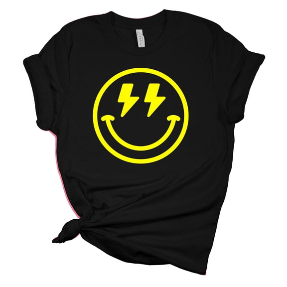Womens Happy Face Yellow Lightning Eyes Unisex Fit Short Sleeve T-shirt Graphic Tee-Black-xl