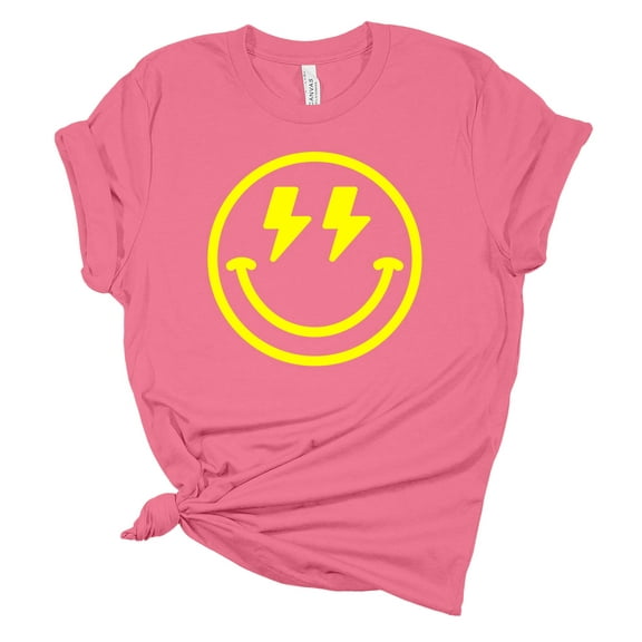 Womens Happy Face Yellow Lightning Eyes Unisex Fit Short Sleeve T-shirt Graphic Tee-Pink-small