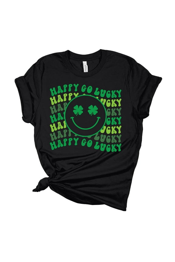 Womens Happy Go Lucky Shamrock Smile Face St. Patricks Day Unisex Fit Short Sleeve T-shirt Graphic Tee-Black-4xl