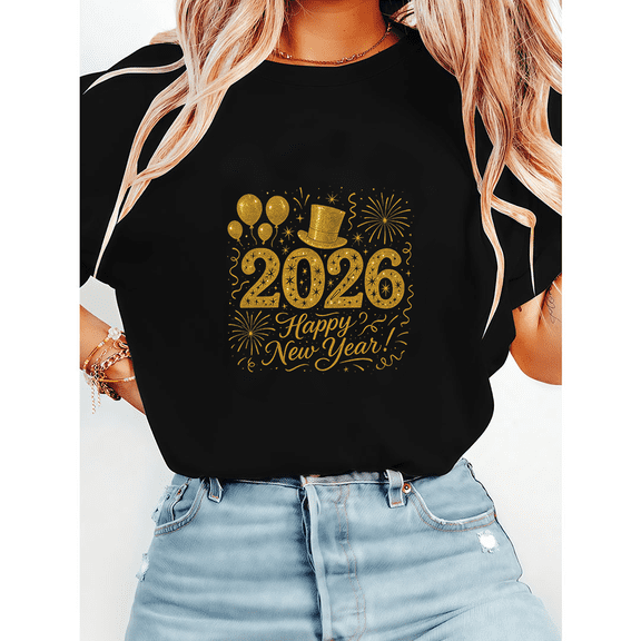 Womens Happy New Year 2026 Gold Hat Print Tshirts Illustration Graphic Tees Short Sleeve Party Shirts Casual Tops for Holiday Black,3XL
