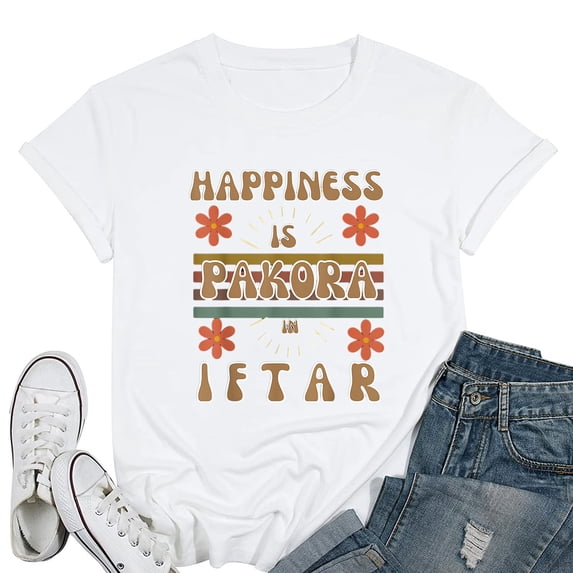 Womens Happy Ramadan Kareem Design Happiness Is Pakora T-Shirt White Large