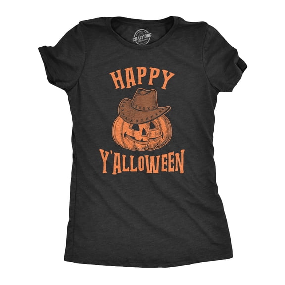Womens Happy Y'alloween T Shirt Funny Halloween Jack-O-Lantern Cowboy Graphic Novelty Tee Womens Graphic Tees