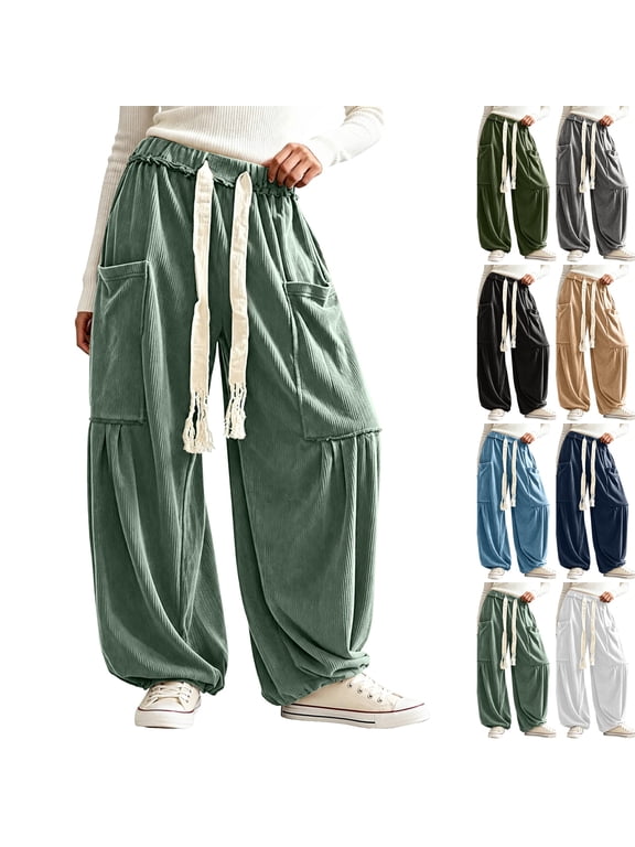 Womens Harem Cargo Joggers Ruffle Elastic Waist Straight Leg Casual Pants Fringe Tassel Drawstring Loose Loungewear Trousers Green S