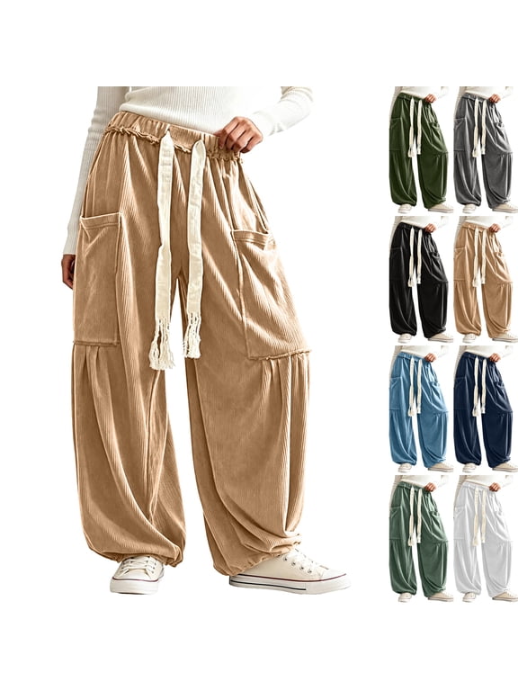 Womens Harem Cargo Joggers Ruffle Elastic Waist Straight Leg Casual Pants Fringe Tassel Drawstring Loose Loungewear Trousers Khaki S