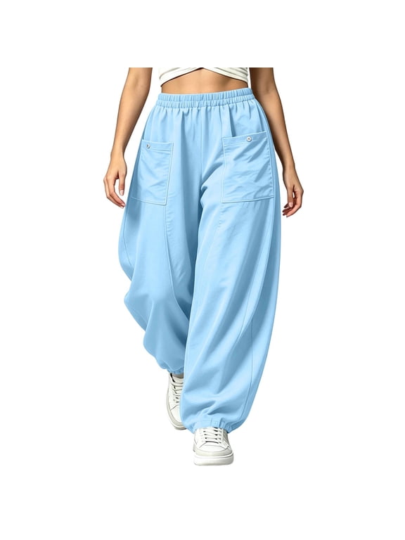 Womens Harem Pants Drawstring Elastic Waist Baggy Balloon Pants Comfy Casual Pants with Pockets for Streetwear and Daily Wear