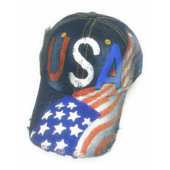 Womens Hat Adjustable USA Patriotic American Flag Distressed Baseball Cap Denim Blue Red White