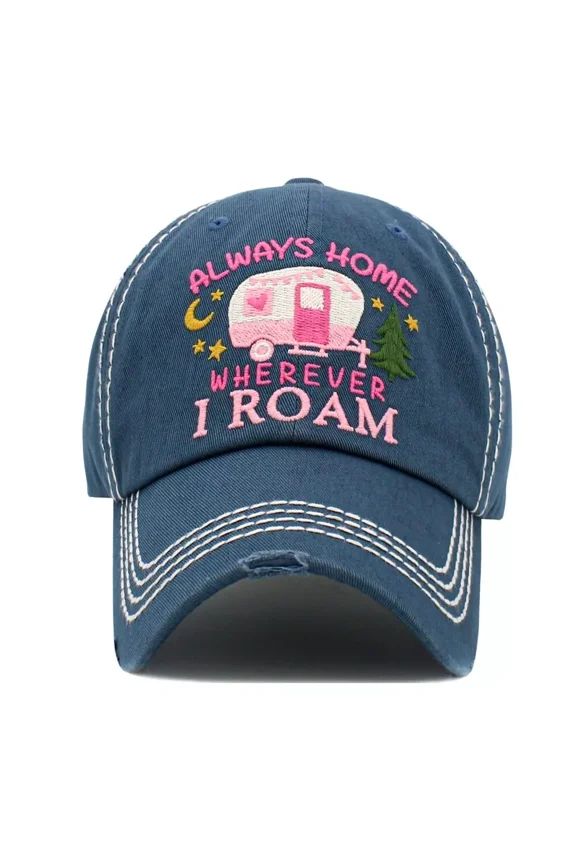 Womens Hat Always Home Wherever I Roam Camper RV Camping Baseball Cap Blue Black