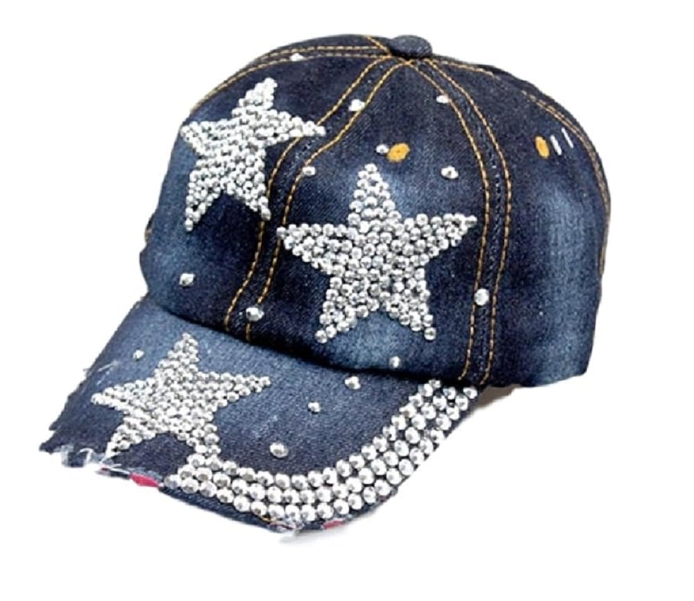 Denim Rhinestone Star Baseball Cap Blue Adjustable Bling Hat Women Stars Denim Rhinestone Cap Women Men Bling Studded Baseball  main image 2