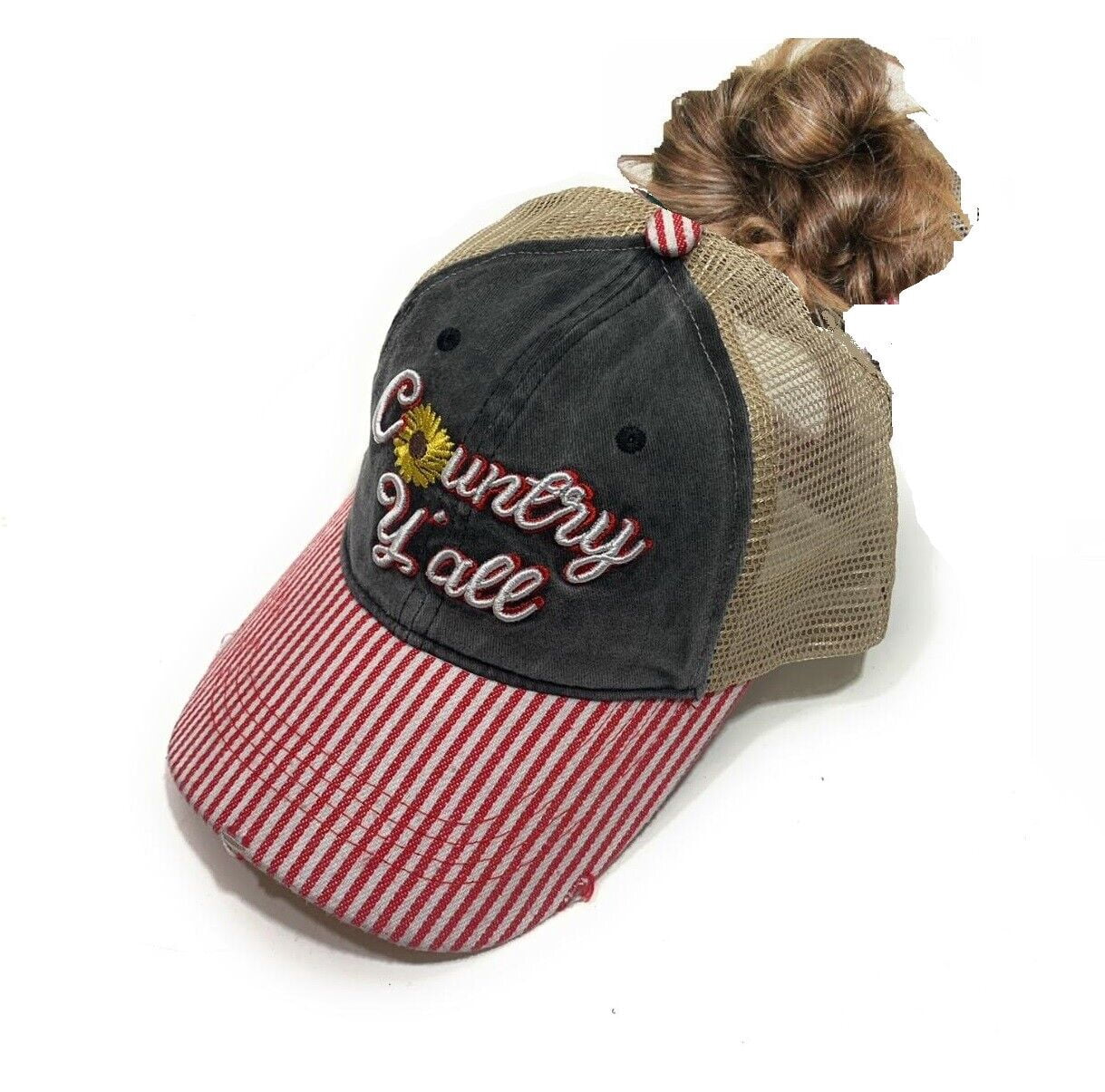 Womens Hat High Ponytail Adjustable Messy Bun Sunflower  display picture 2