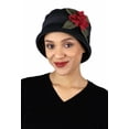 thumbnail image 1 of Womens Hat Luxury Fleece Cloche Ladies Cancer Headwear Chemo Winter Head Coverings Plush Double Layer Olivia (Black with Red), 1 of 5
