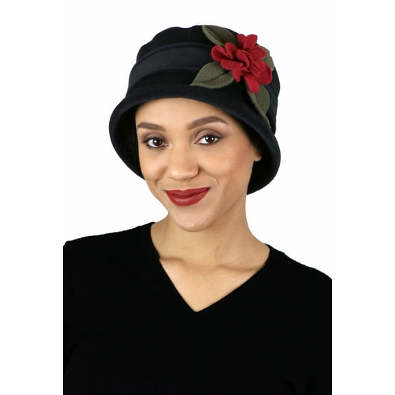 Womens Hat Luxury Fleece Cloche Ladies Cancer Headwear Chemo Winter Head Coverings Plush Double Layer Olivia (Black with Red)