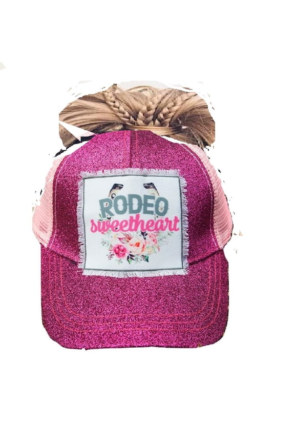 Womens Hat Ponytail Rodeo Sweetheart Baseball Cap Ladies Teens Bun Bling Vented Pink Glitter