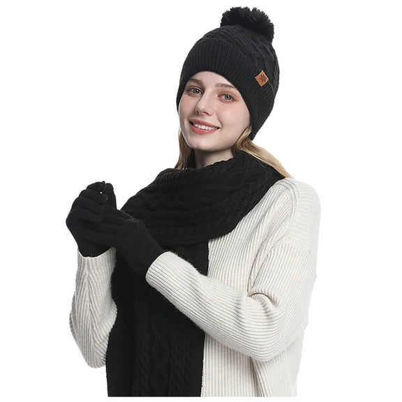 Womens Hat Scarf Gloves Set Lined Winter Hat With Long Knit Scarf Touchscreen Gloves For Cold Weather
