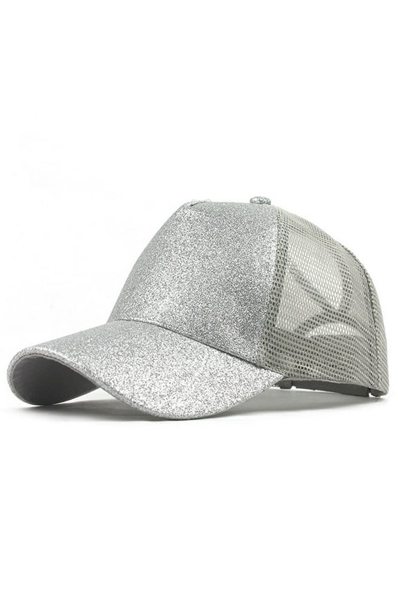 Womens Hat, Silver Trucker Ponytail Hat Messy Buns Glitter Plain Cap Unisex Visor Caps, Summer Hats for Women, One Size, Women's Hats, Womens Sun Hats
