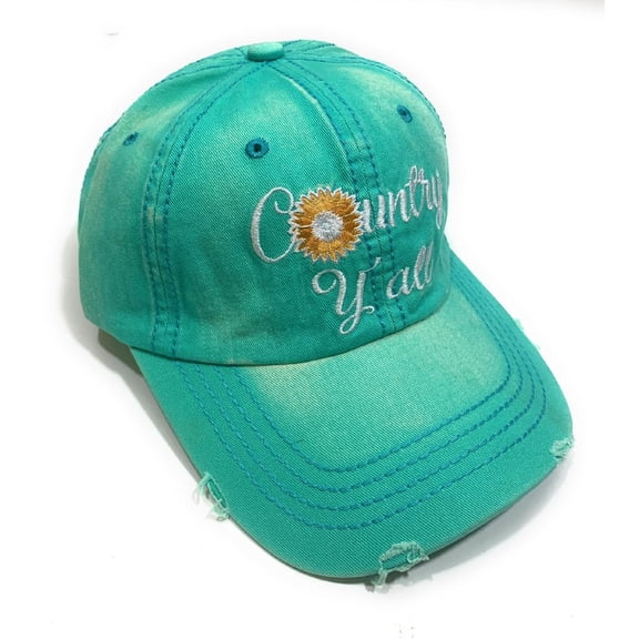 Womens Hat Sunflower Country Yall Distressed Daisy Baseball Cap Turquoise Blue