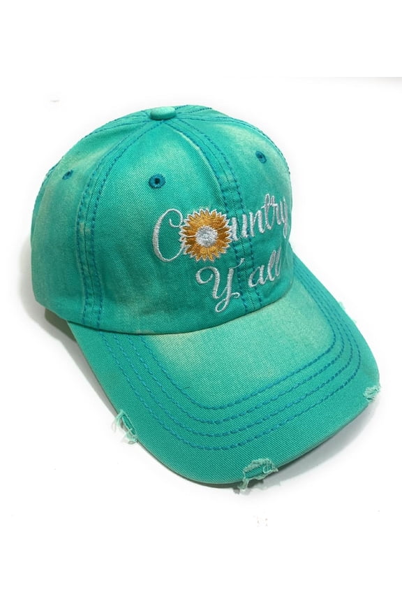 Womens Hat Sunflower Country Yall Distressed Daisy Baseball Cap Turquoise Blue