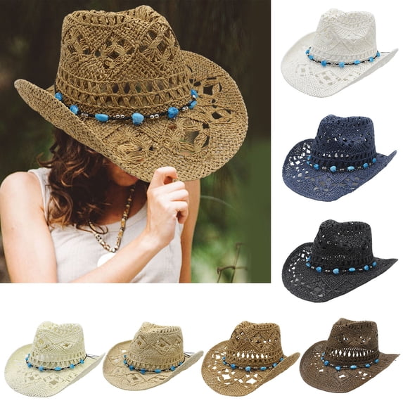 Womens Hat Women Handwoven Hollow Straw Western Cowboy Summer Sun Cap Light Yellow One Size