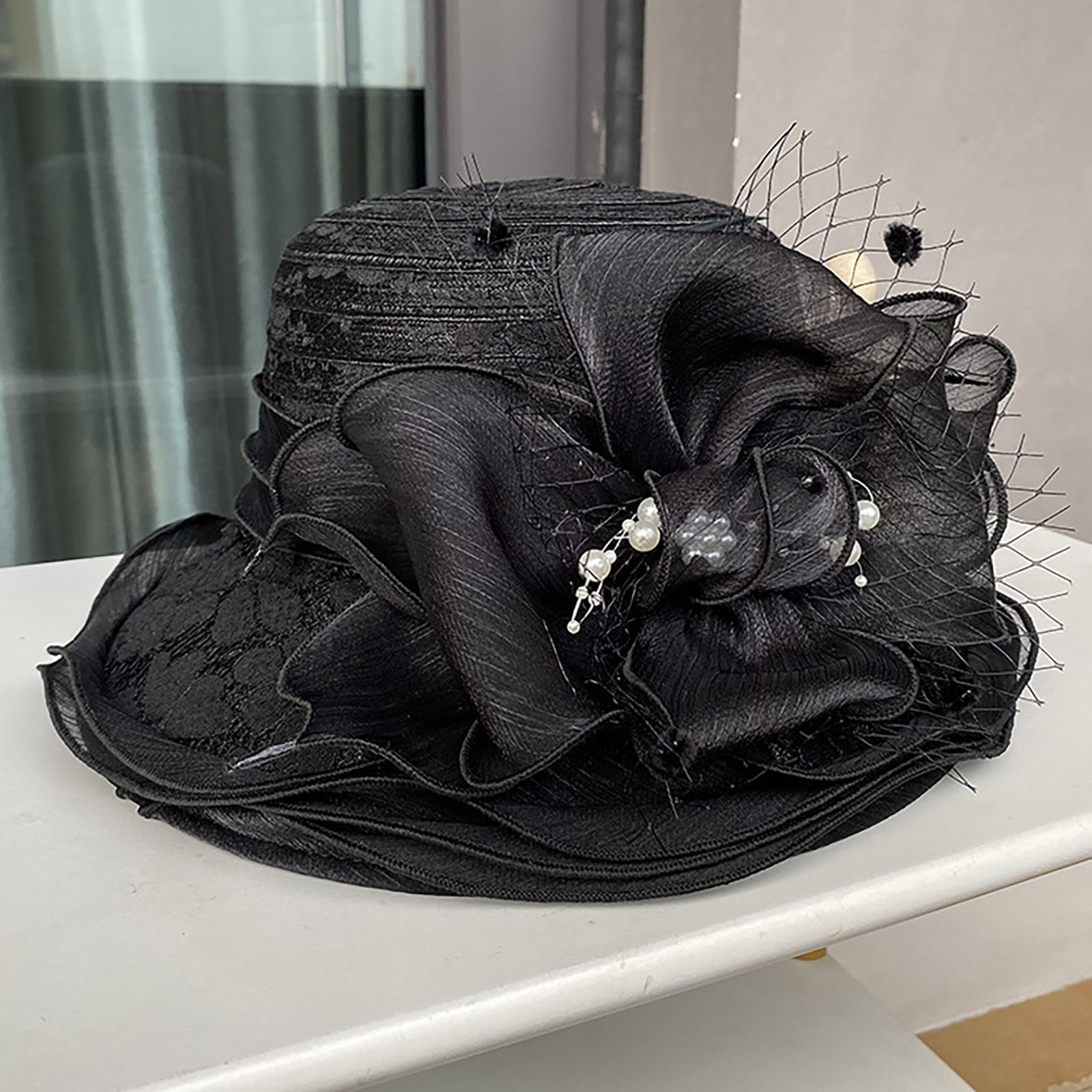 ladies black dress hats Fashion Classic Fedora Flat Hat, Wide Brim Jazz Church Cap for Women Church Hats for (Black, One Size) at Amazon Women's Clothing store With its classic black design Black Church Hats Womens Black