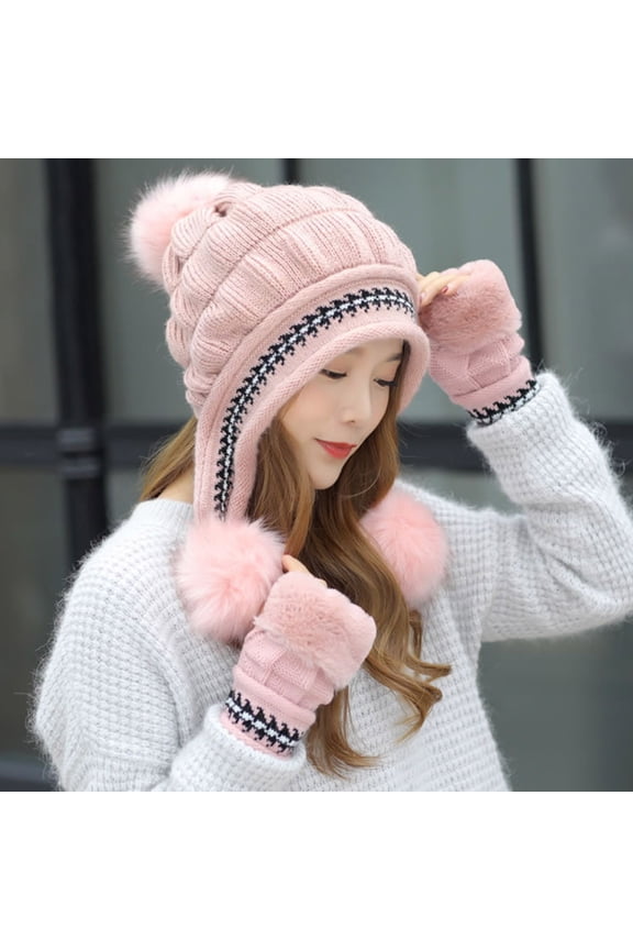 Womens Hats Plush Knitted Warm Woolen Thick Ball Ear Protection Caps Berets