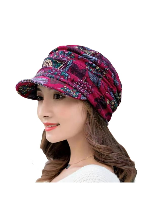 Womens Hats, Red Short Brim Warm Foldable Earflap Women Cap Ethnic Style Floral Print Autumn Winter Hat, Womens Hat, One Size, Summer Hats for Women, Women's Hats
