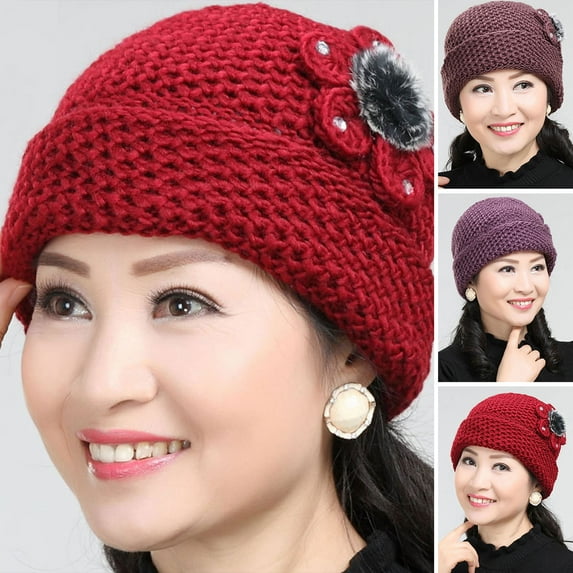 Womens Hats Winter, Womens Winter Warm Floral Knitted Crochet Beanie Slouchy Wool Hat