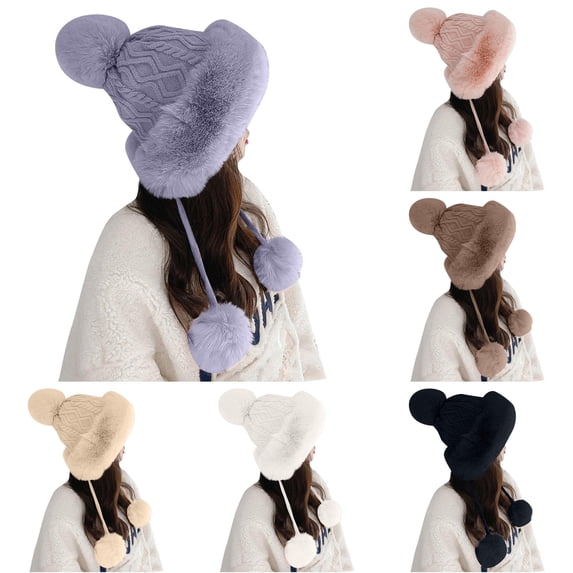 Womens Hats with Pompom for Winter Warm Knit Cap Ushanka Trapper Hat with Ear Cover Babushka Hat