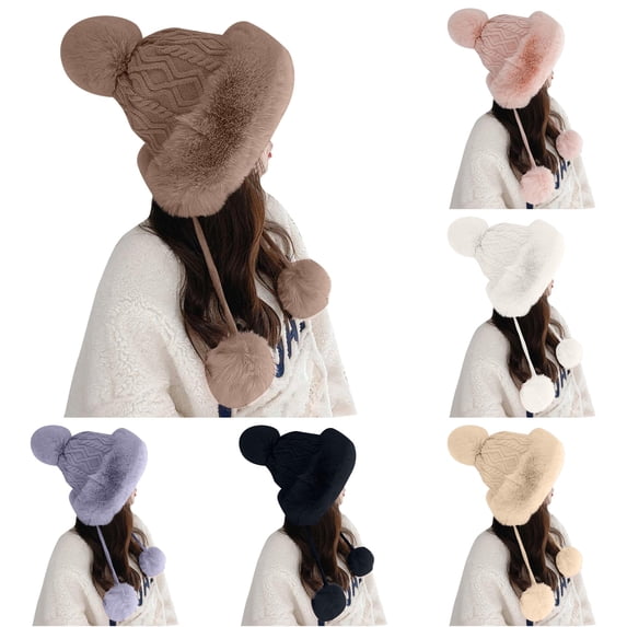 Womens Hats with Pompom for Winter Warm Knit Cap Ushanka Trapper Hat with Ear Cover Babushka Hat