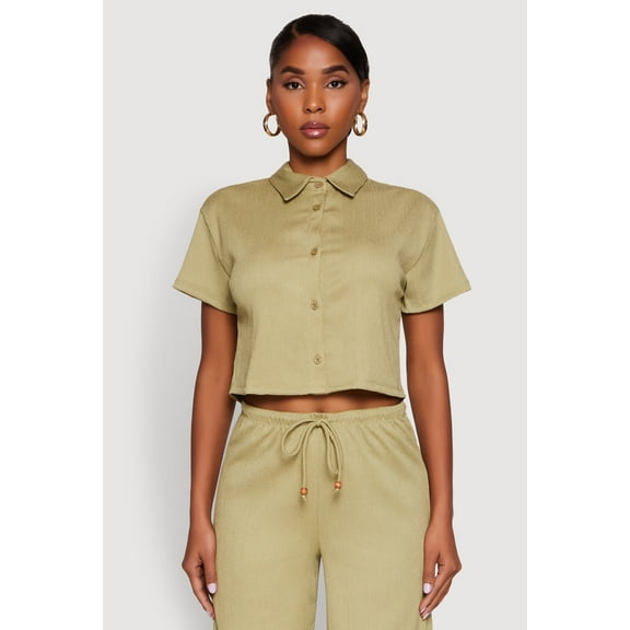 Womens Haute Monde Textured Knit Button Front Cropped Shirt