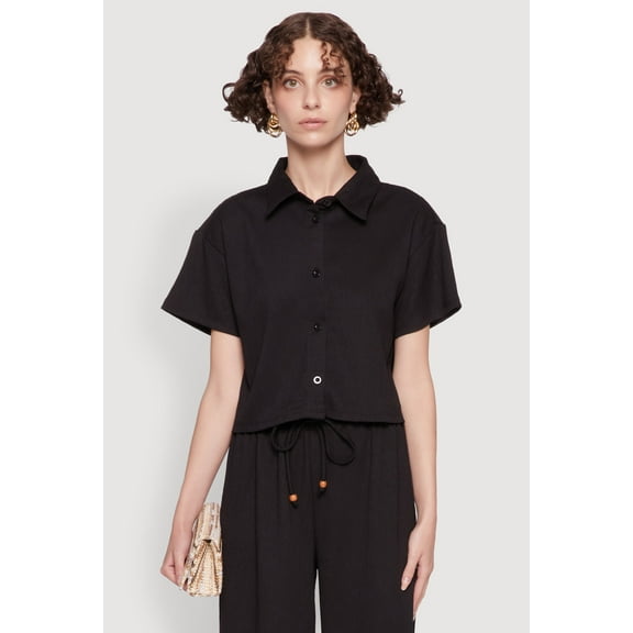 Womens Haute Monde Textured Knit Button Front Cropped Shirt